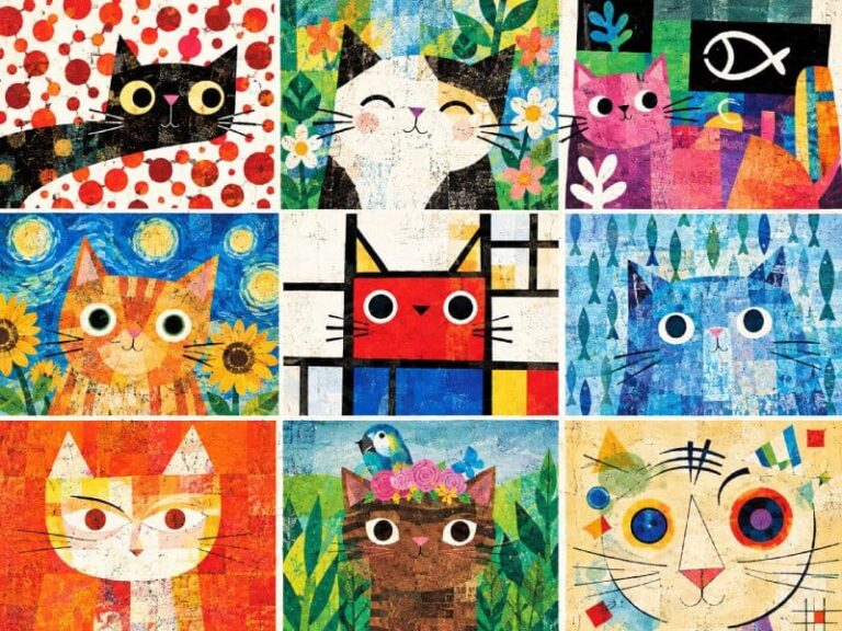 Artsy Cats in Nine Colorful Panels
