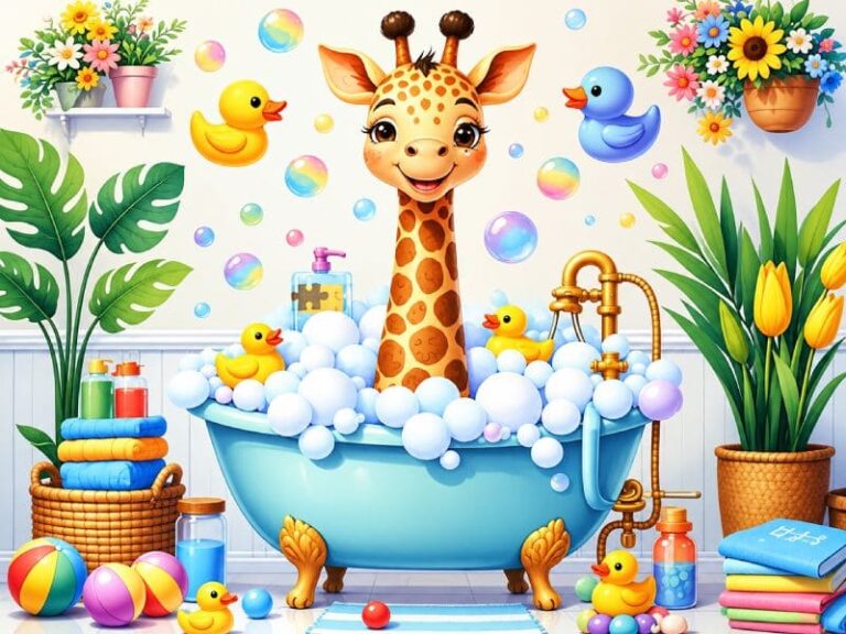 Cute Baby Giraffe Having a Bubble Bath