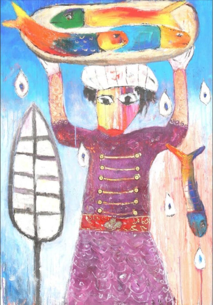 Fisherman with Fish Tray Painting