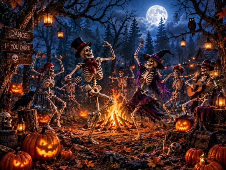 Jolly Dancing Skeletons in a Dark Forest.