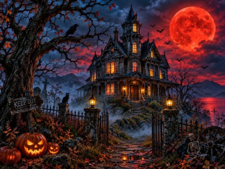 Spooky Haunted House under a Blood Moon